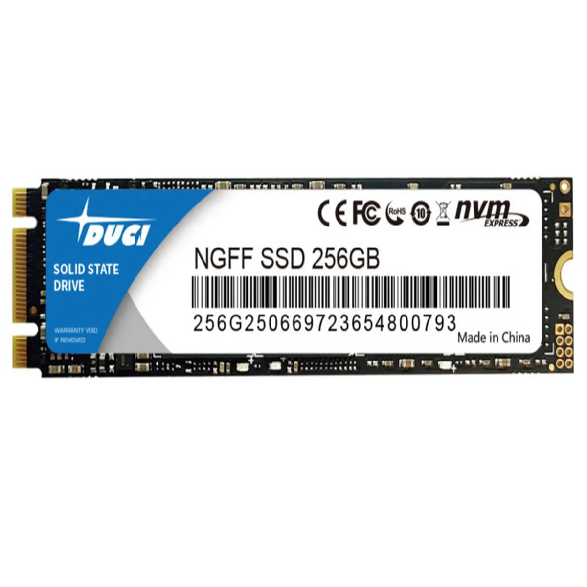 Small green circuit board M.2 SSD with black controller and gold edge connector