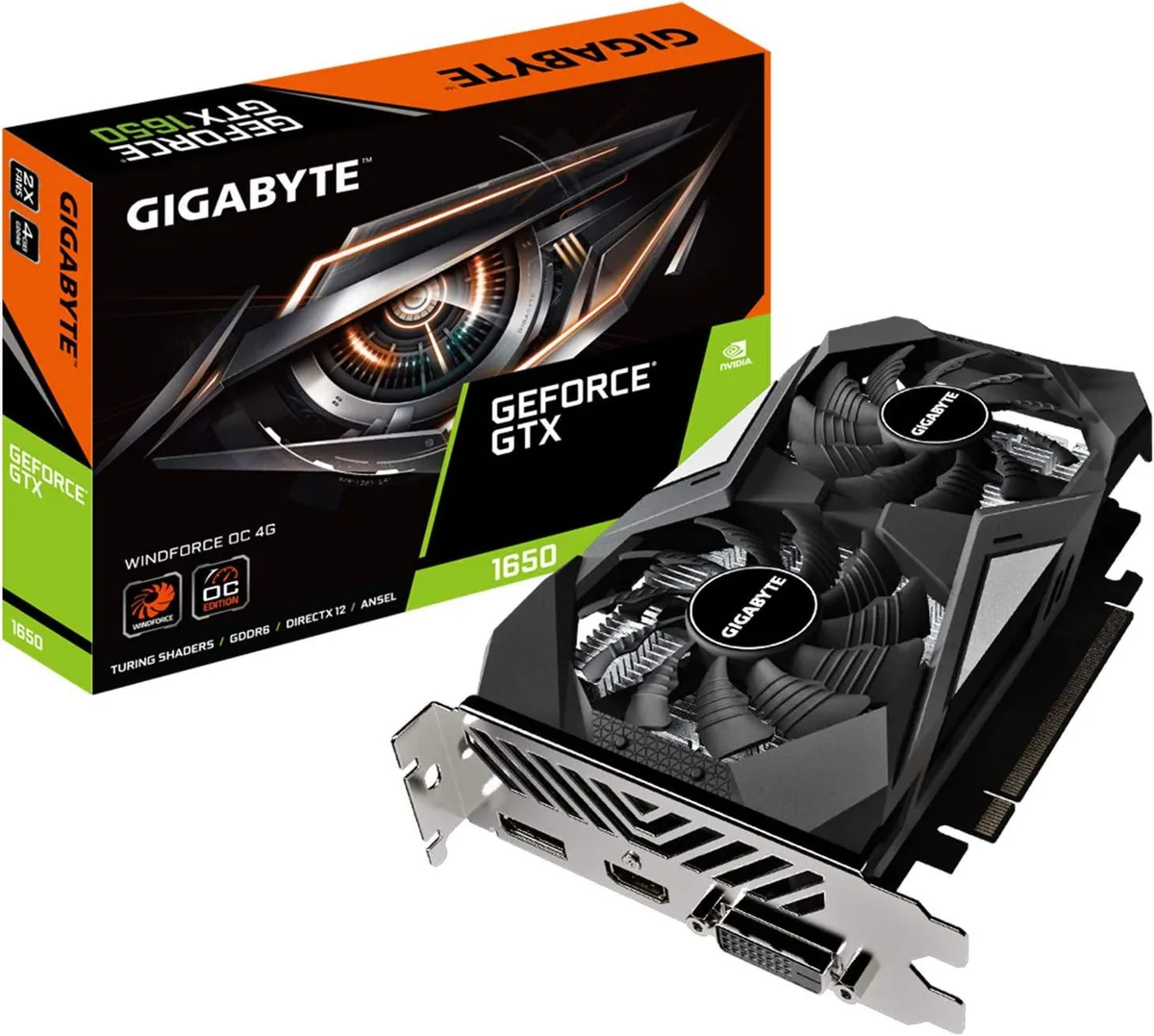 Gigabyte GeForce GTX 1650 dual-fan graphics card with black shroud and metal backplate