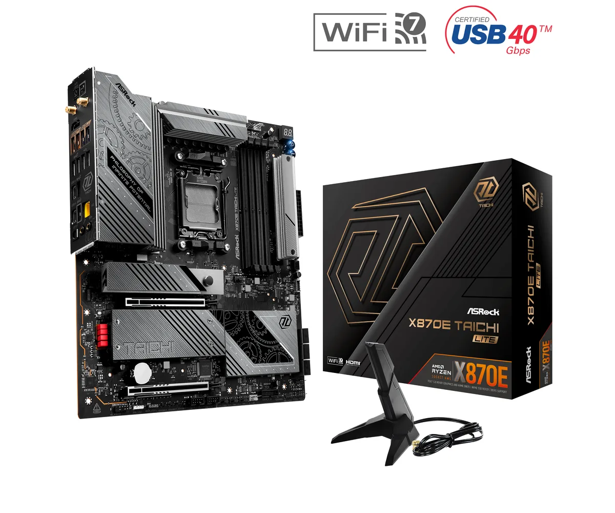 Extended ATX motherboard, silver and black, four DDR5 slots, two PCIe 5.0 x16 slots, multiple M.2 heatsinks
