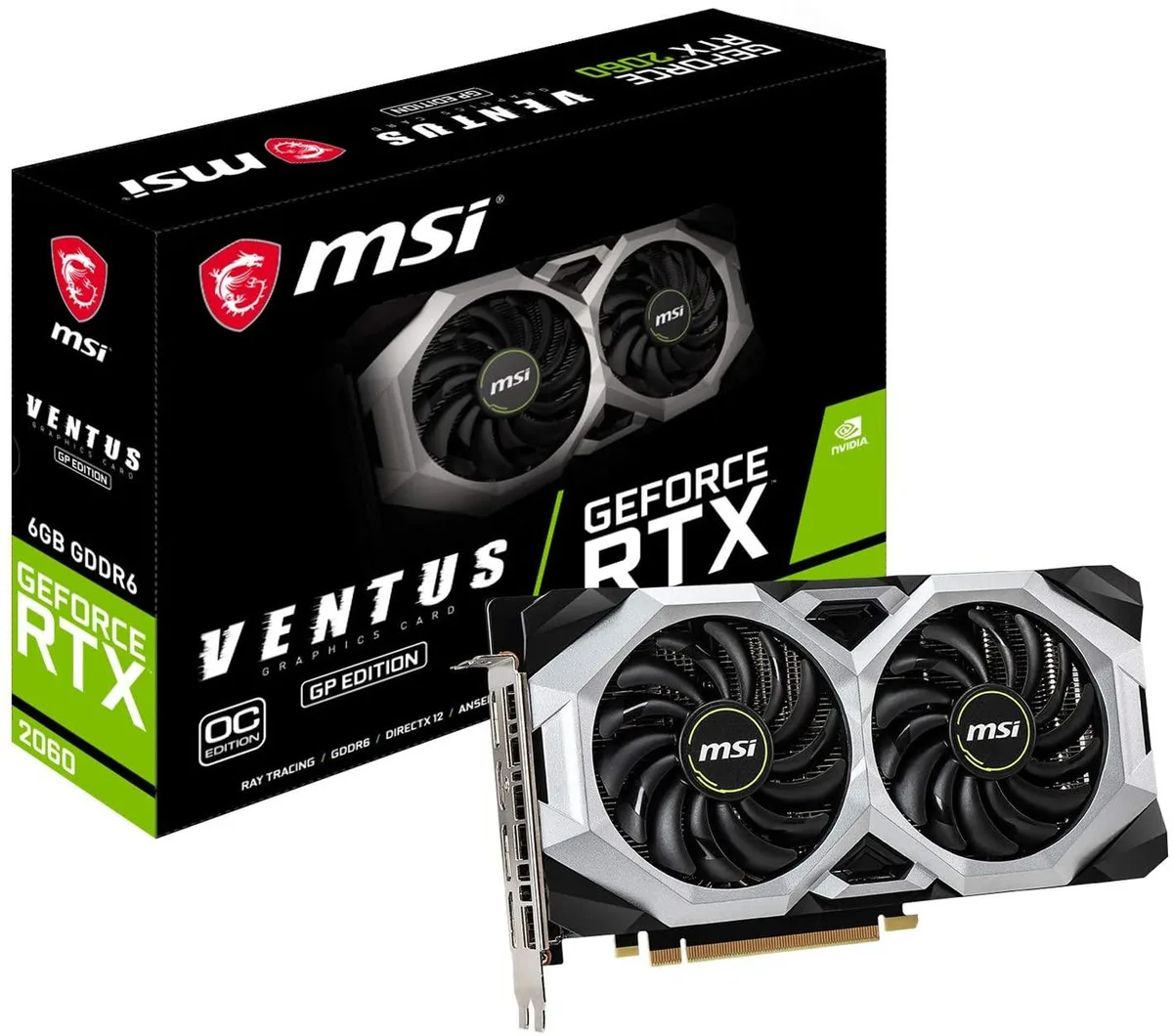 Dual-slot graphics card with two axial fans and silver shroud