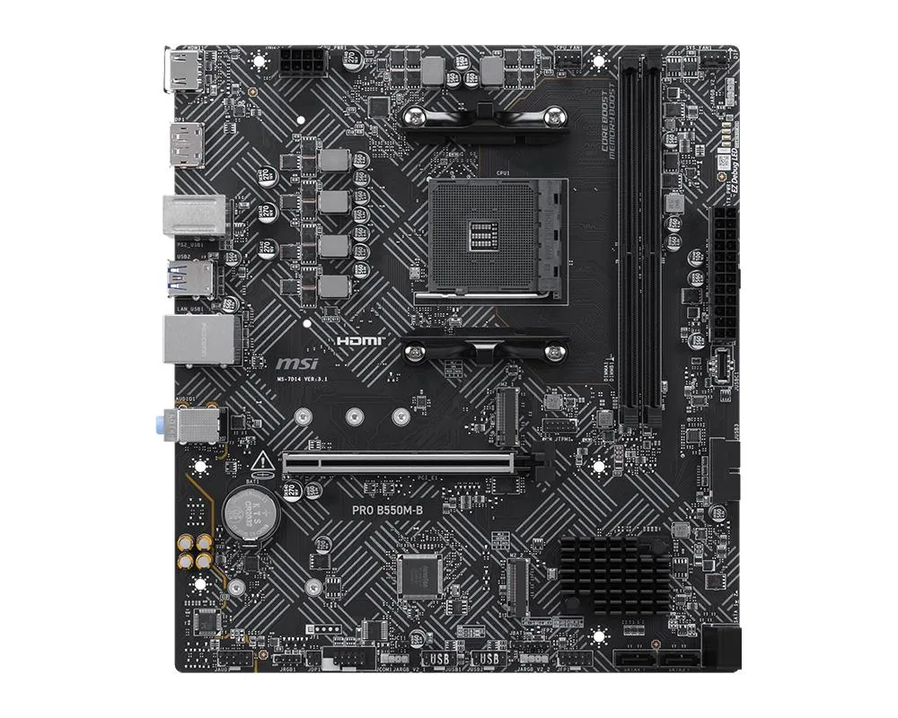 MSI PRO B550M-B motherboard, matte black PCB with silver heatsinks and AM4 socket