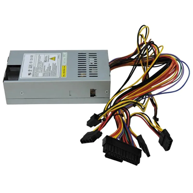 Compact ATX power supply unit in black metal casing with rear fan grille and side label