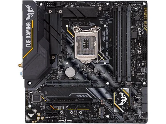 Dark green micro-ATX board with reinforced PCIe slot and black heatsinks