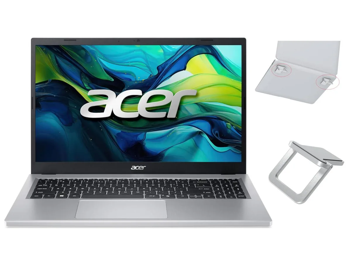 Silver 15.6 inch laptop with narrow bezels and flat keyboard deck
