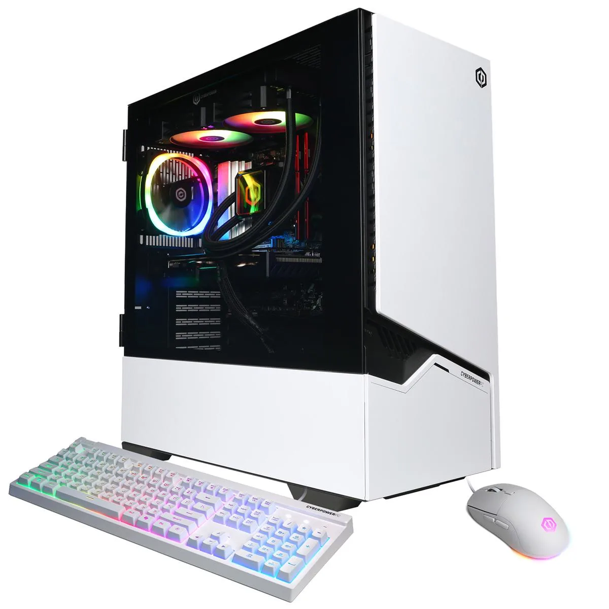 White mid-tower desktop with liquid cooling visible