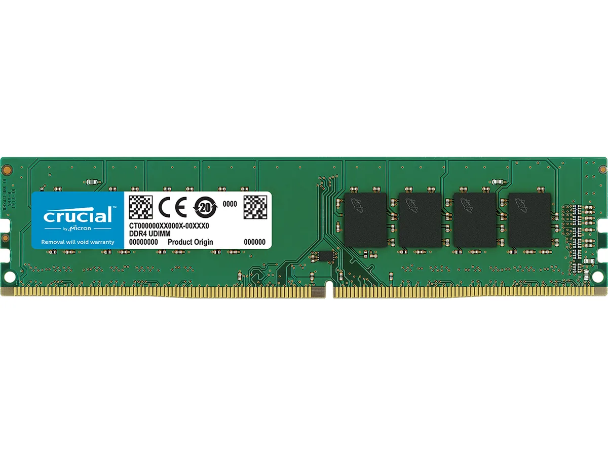 Green circuit board with black memory chips and gold contacts
