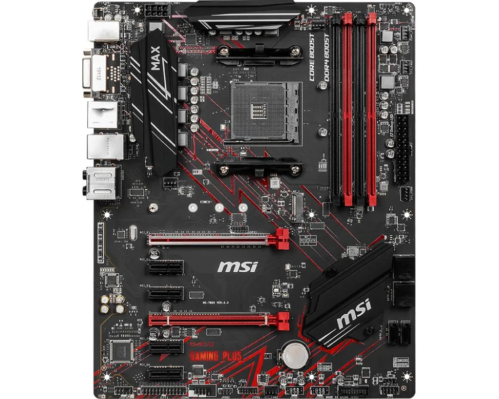 Black ATX motherboard with silver heatsinks and red accents