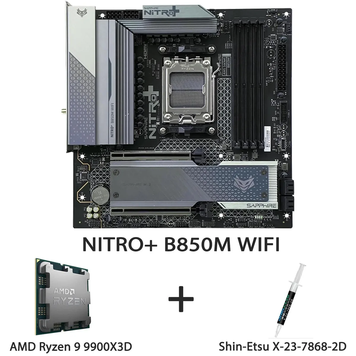 Sapphire Tech Sapphire Tech NITRO+ B850M WIFI + Ryzen 9 9900X3D AMD motherboard — product photo
