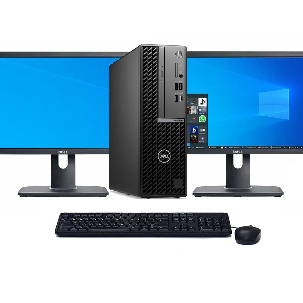 Black Dell OptiPlex 9800 small-form-factor tower with two 22-inch monitors