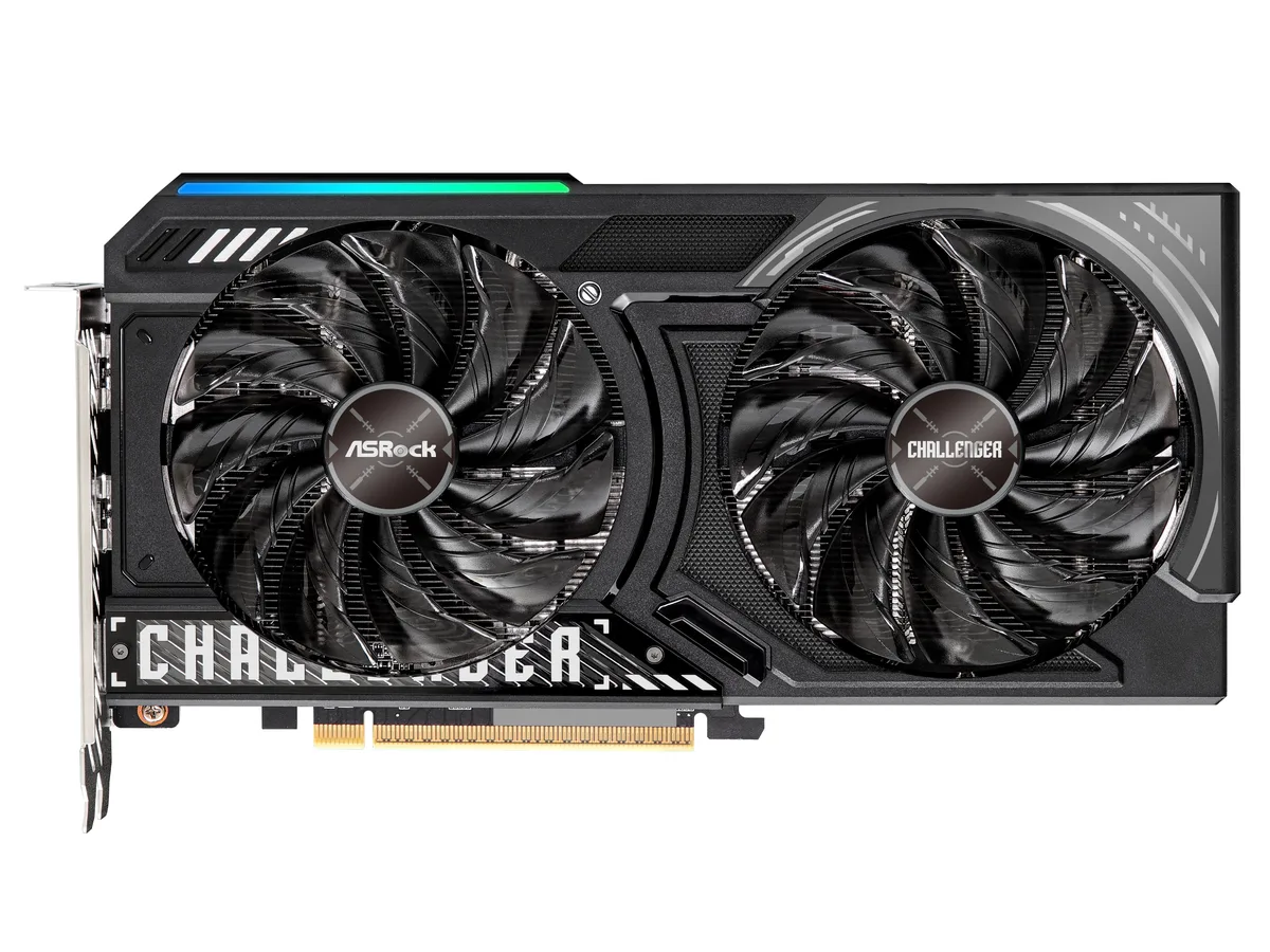 Black dual-fan graphics card, 249 mm long, silver backplate visible