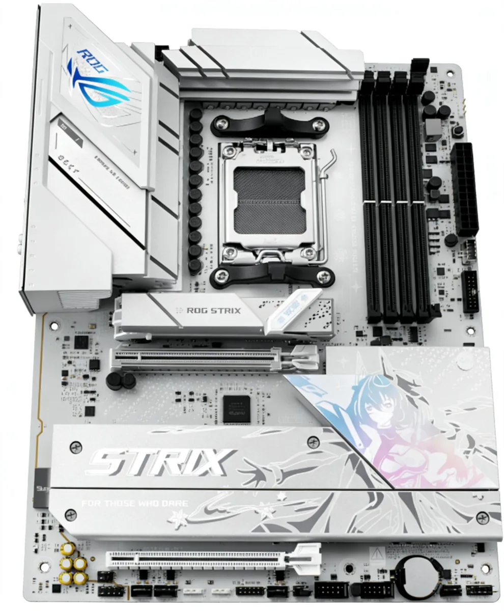 ATX motherboard with silver heatsinks and black PCB
