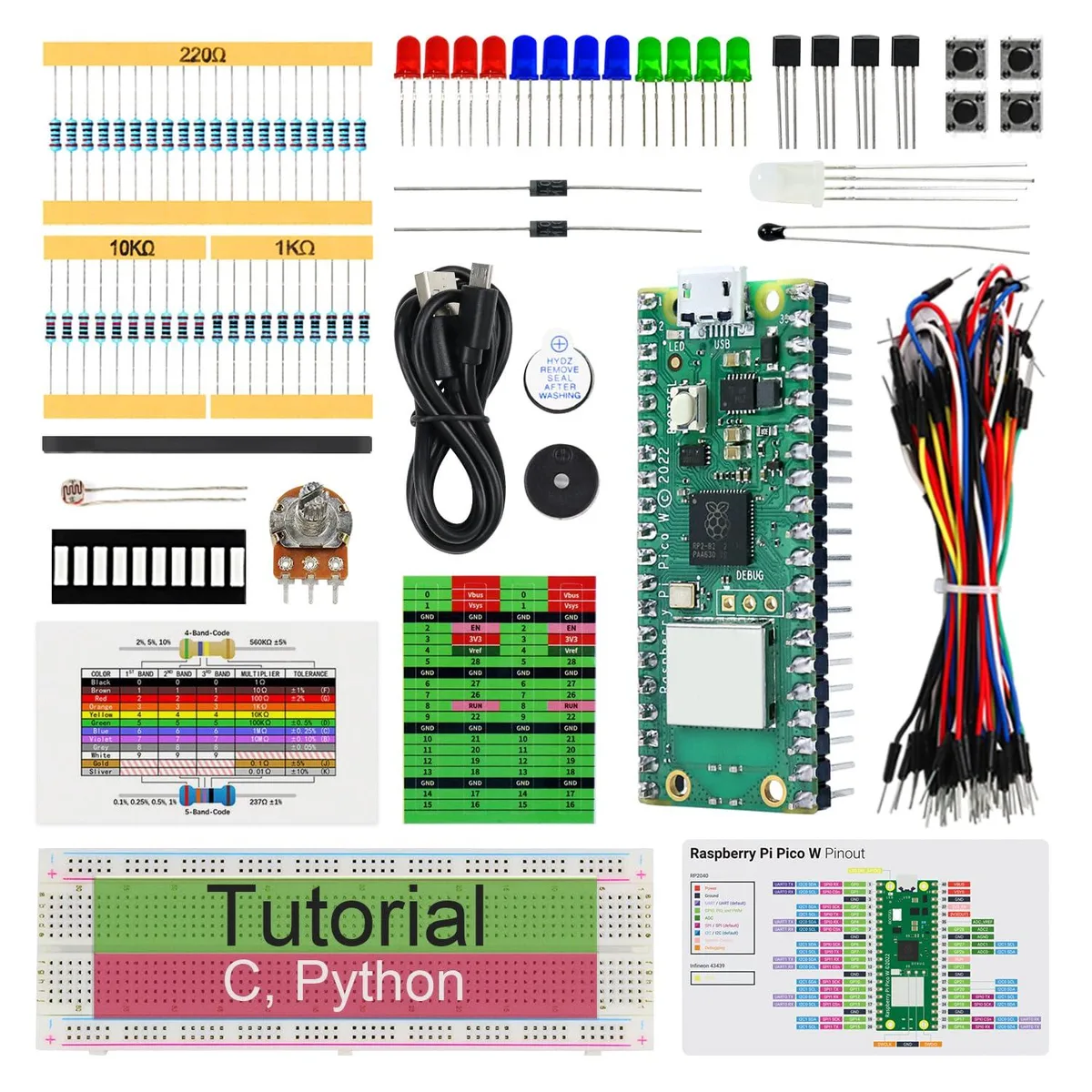A Raspberry Pi Pico W board inside a component kit box with wires, sensors, and modules