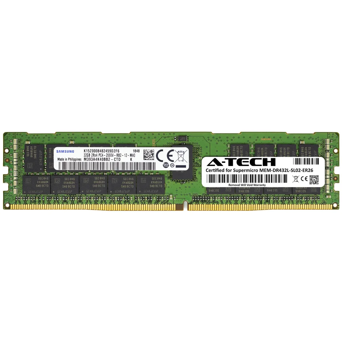 Green rectangular server memory module with gold contacts and black chips