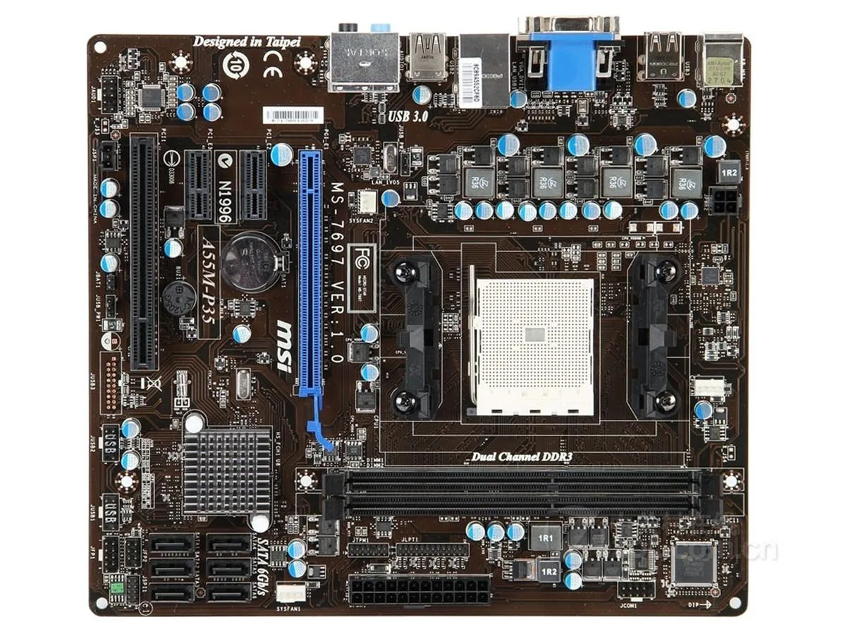 Micro ATX board in dark finish with CPU socket and expansion slots