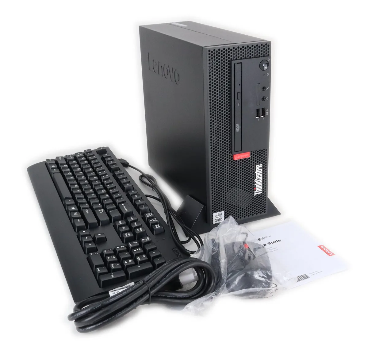Compact black small-form-factor desktop tower with DVD slot and front ports
