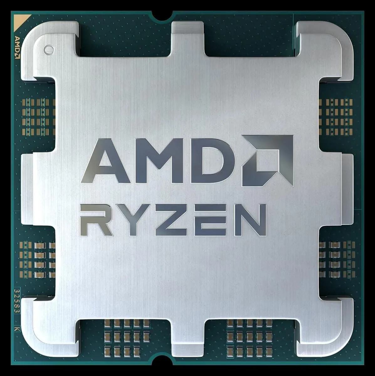Square green ceramic chip with gold contact pads and silver metal heat spreader engraved with Ryzen 5 7500F