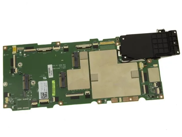 Green rectangular motherboard with silver processor and black memory chips