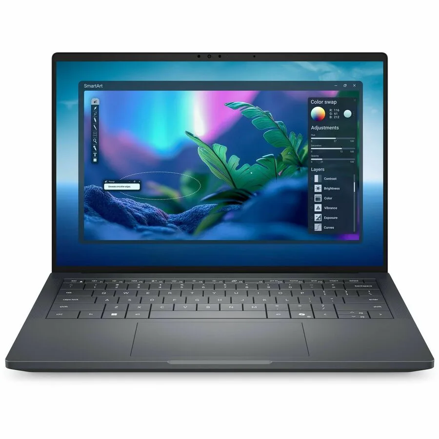 Dark grey aluminium laptop with 14 inch anti-glare screen, slim bezels, fingerprint reader and webcam privacy shutter