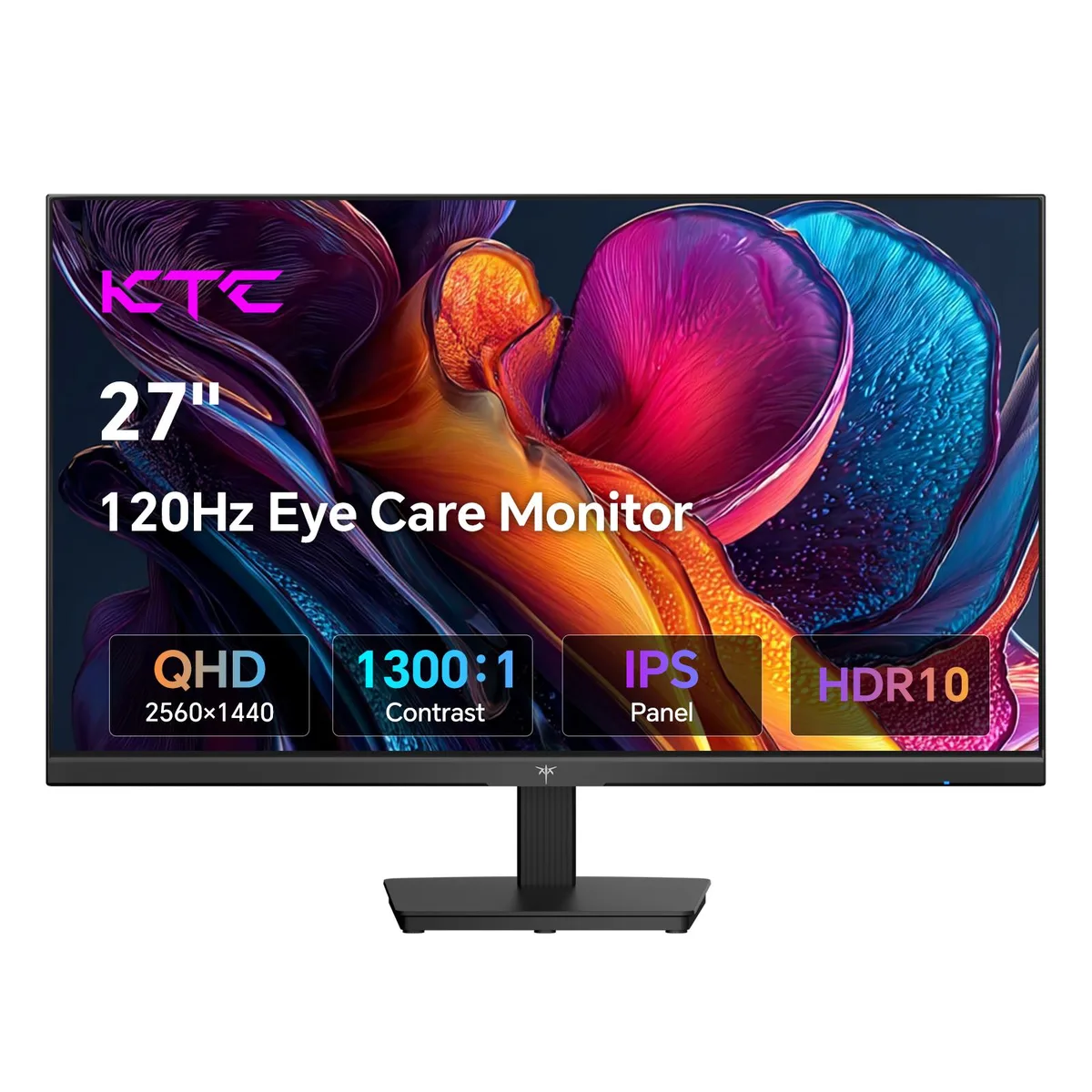Black flat 27 inch IPS gaming monitor on tilt stand, thin bezels, matte screen off