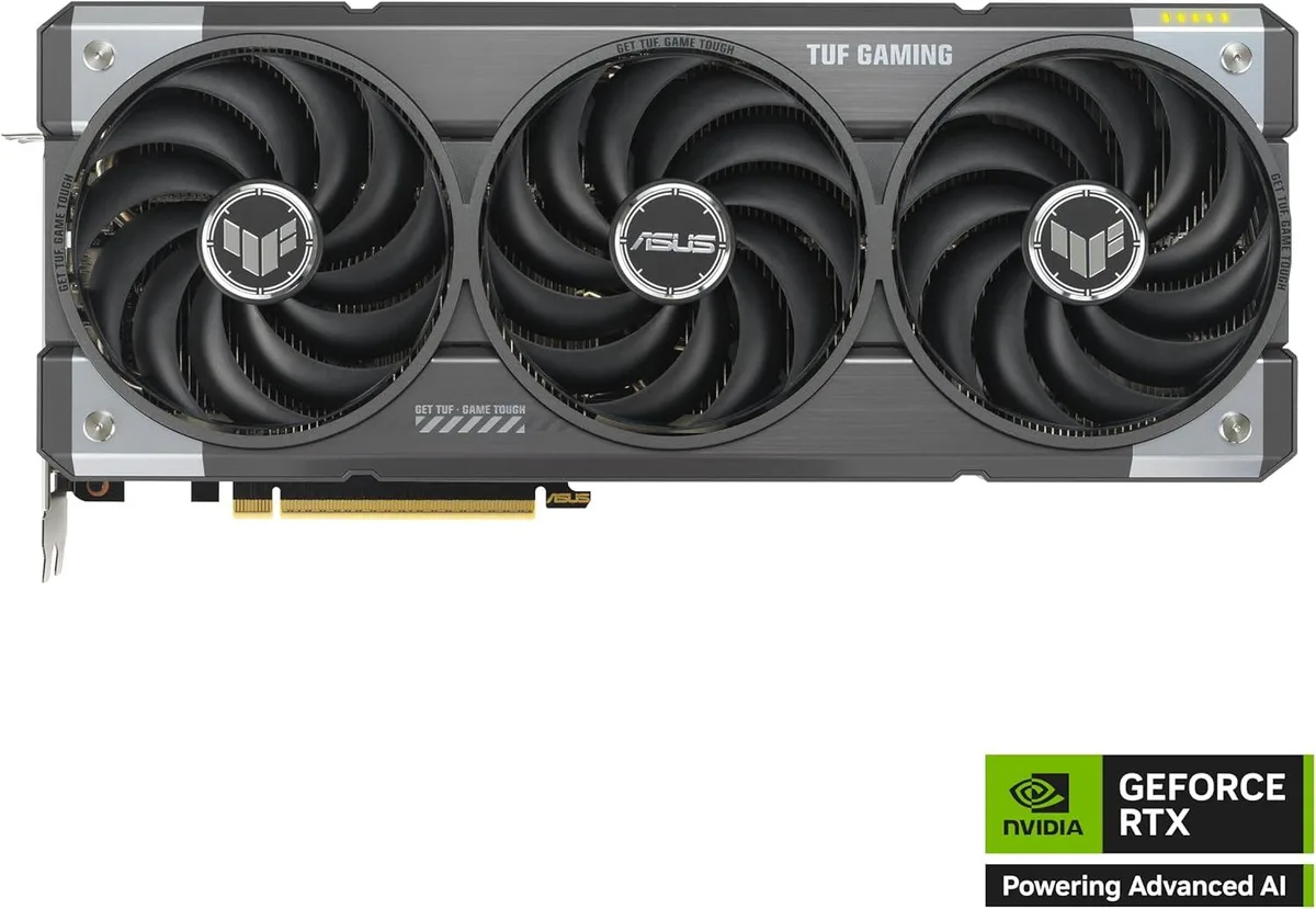 ASUS TUF RTX 5070 12GB graphics card with three-slot cooler and metal backplate