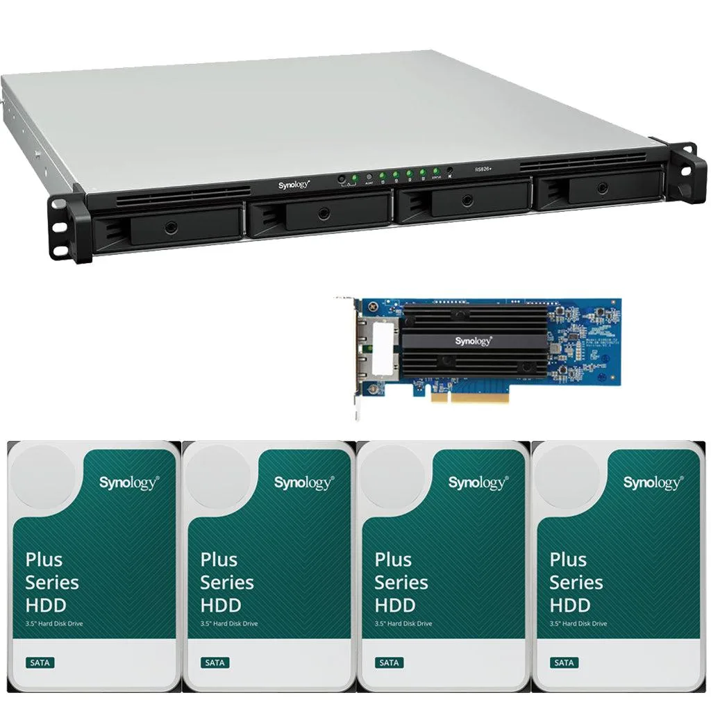 Silver 1U rackmount chassis with four drive bays visible on the front panel