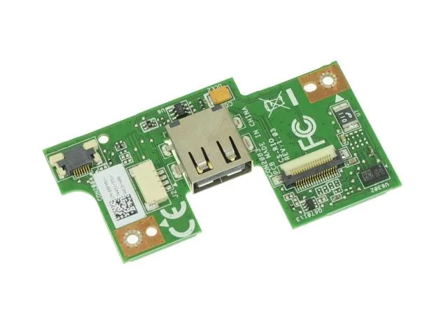 Green rectangular circuit board with a single USB port and multiple connectors