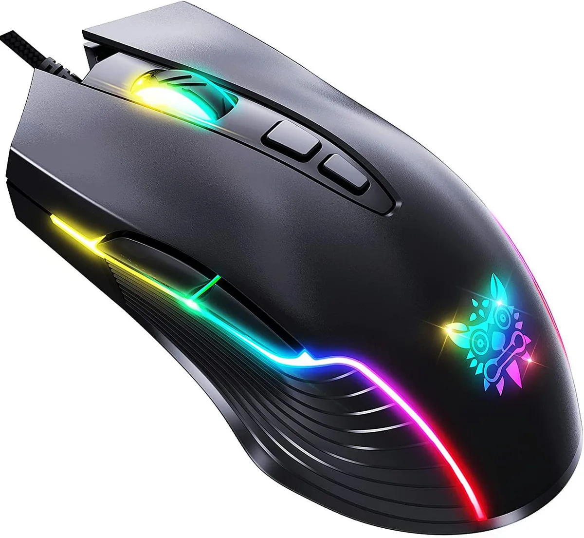 Black wired gaming mouse with ergonomic shape, rubber-frosted finish and RGB lighting