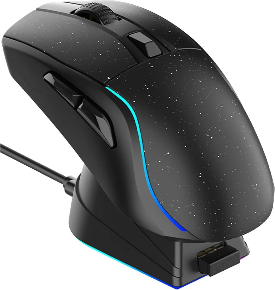 Black wireless gaming mouse on matching charging dock