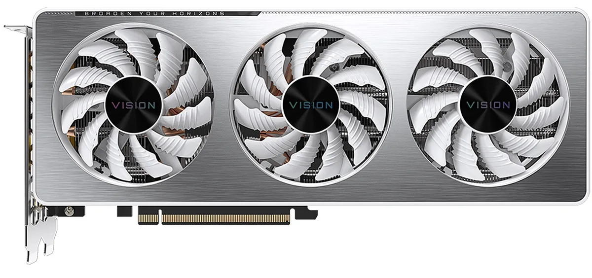 Silver dual-fan graphics card with metal backplate