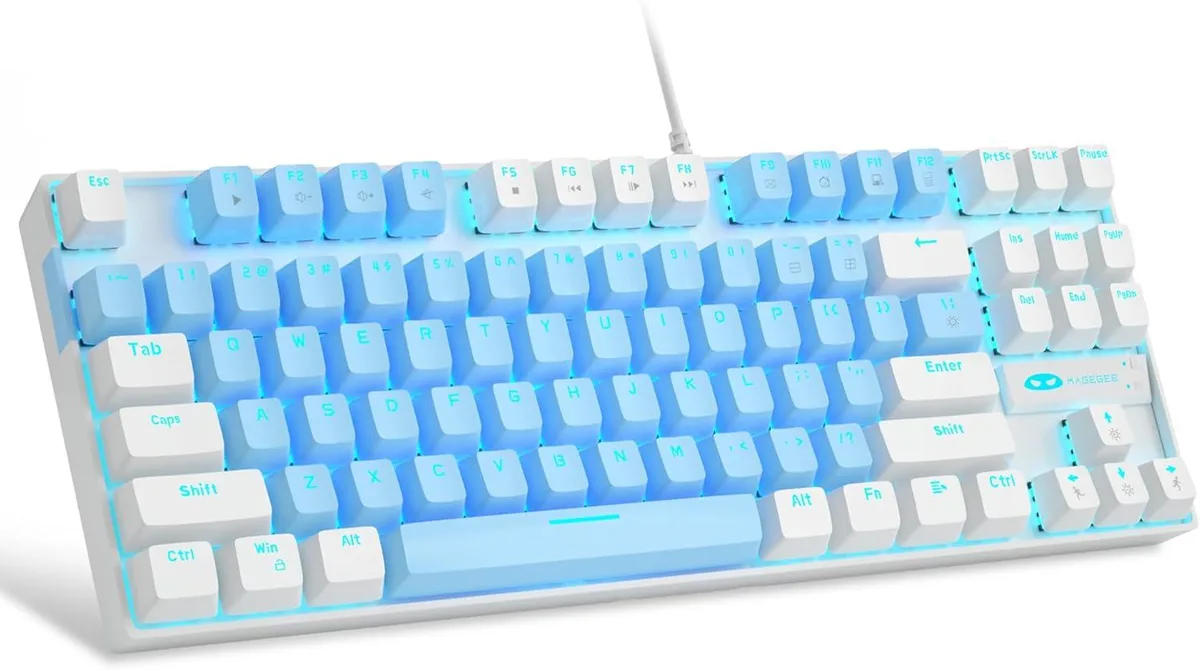 Compact 75% mechanical keyboard in blue and white with blue LED backlighting