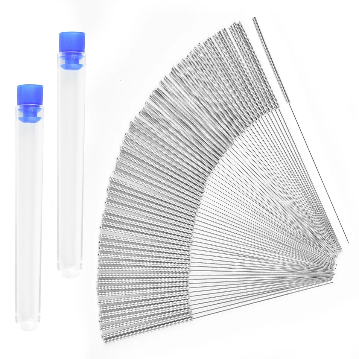 Stainless steel nozzle cleaning needles, 60 pieces in two bottles, silver finish, 0.4 mm diameter