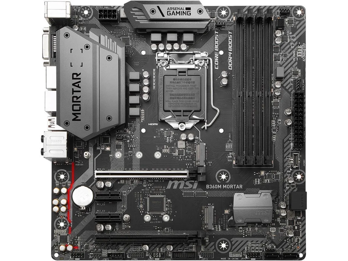 Micro-ATX motherboard in matte black with silver heatsinks and gold audio jacks