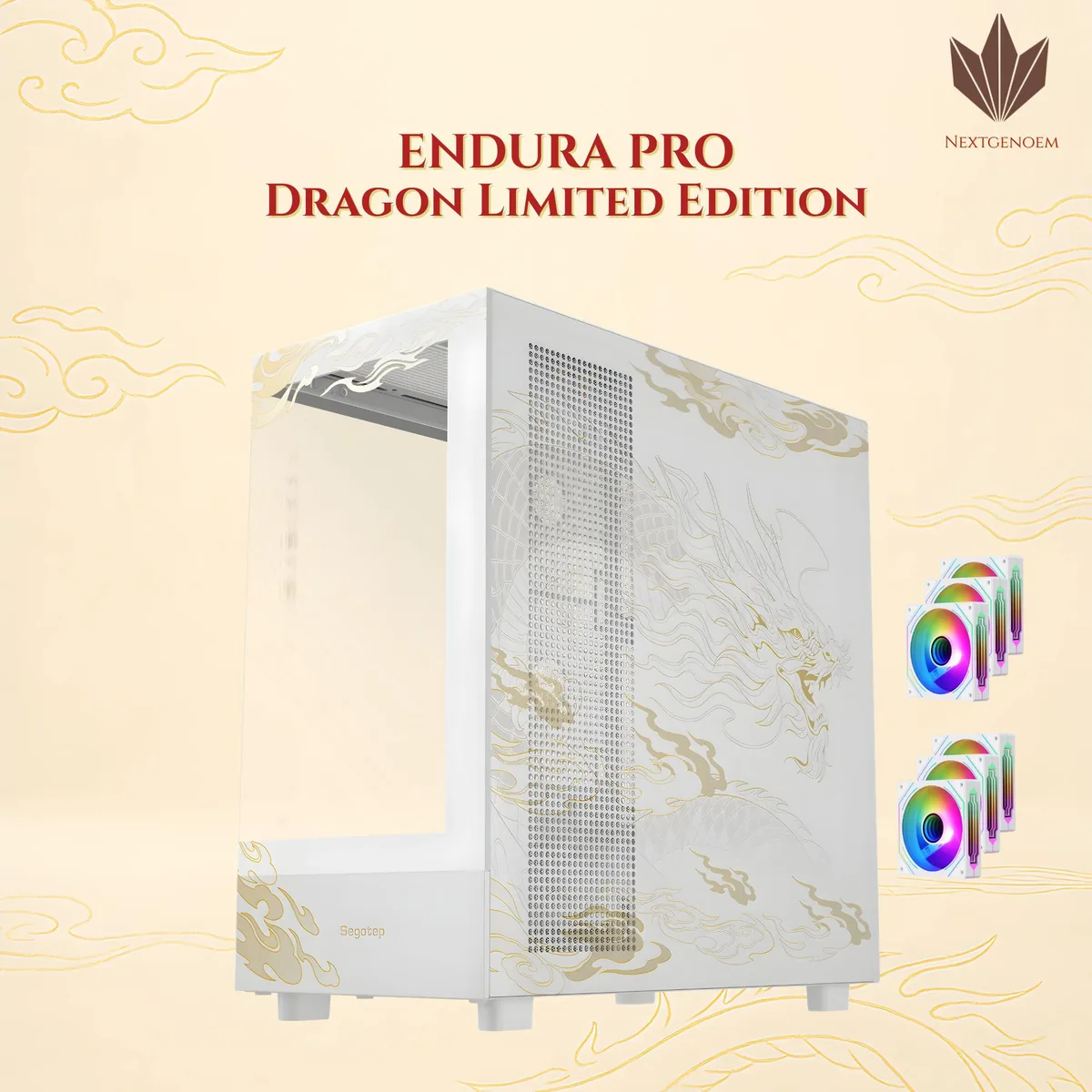 White mid-tower case with dual tempered glass panels, gold dragon artwork, six PWM fans included