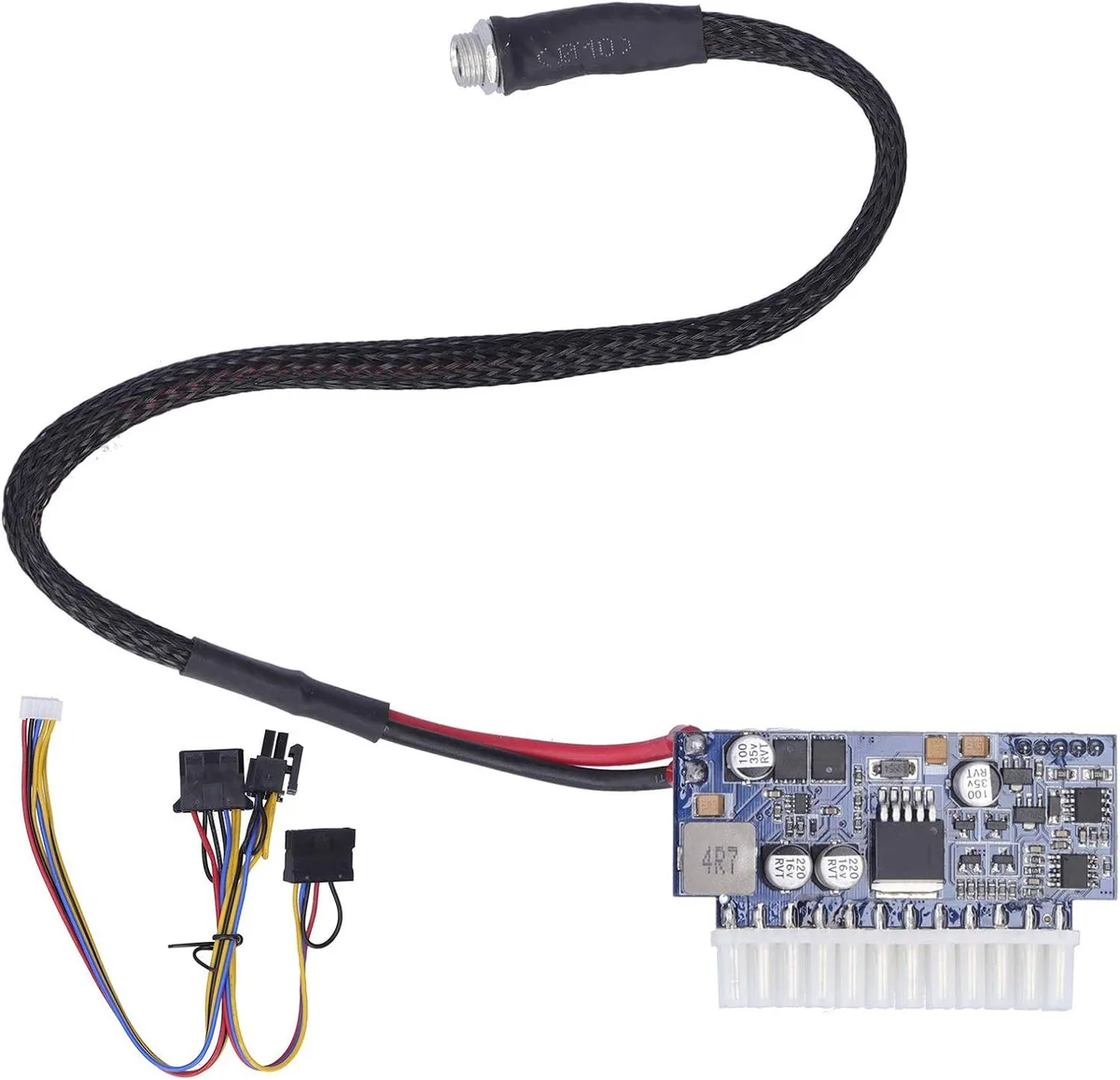 Green PCB board with 24-pin ATX, CPU 4+4-pin, SATA, IDE and DC barrel connectors, 200W 17-24V input
