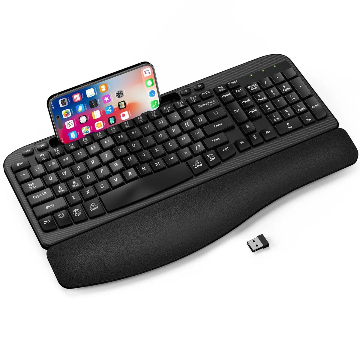Black full-size wireless keyboard with curved wave keys, integrated memory foam wrist rest and phone holder slot