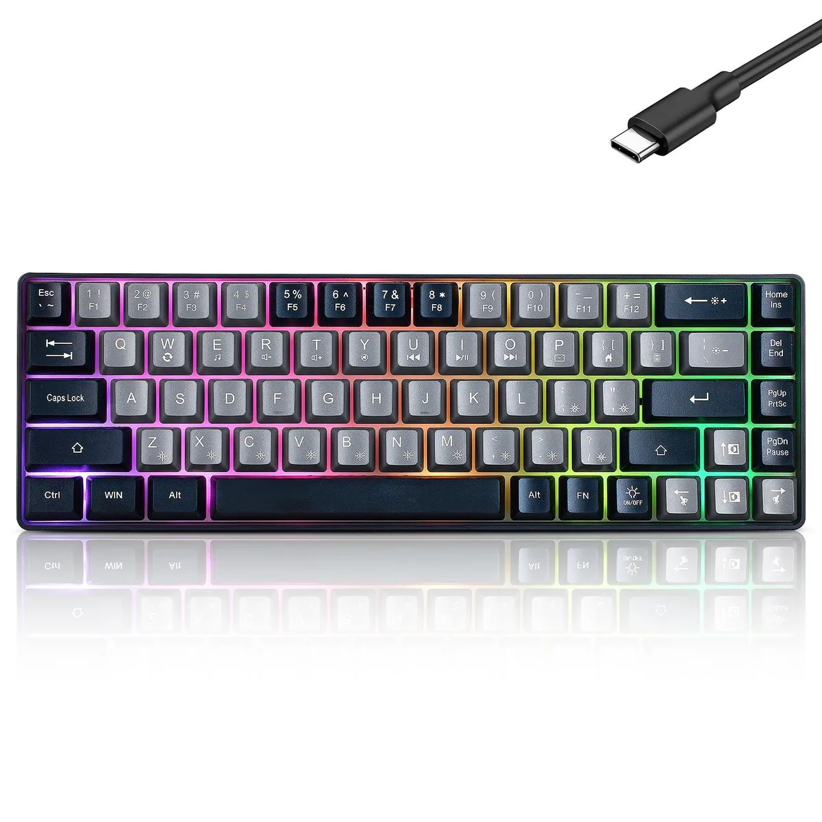 Grey and black compact 68-key mechanical keyboard with red switches and RGB backlighting