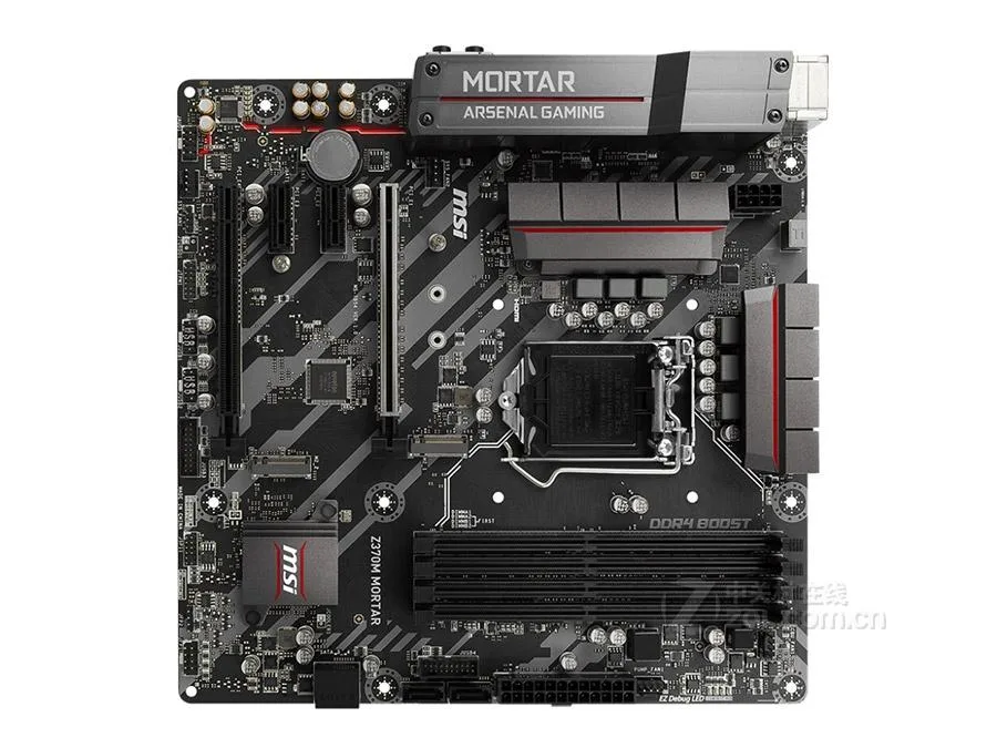 Dark green Micro ATX board with silver heatsinks and black I/O shield