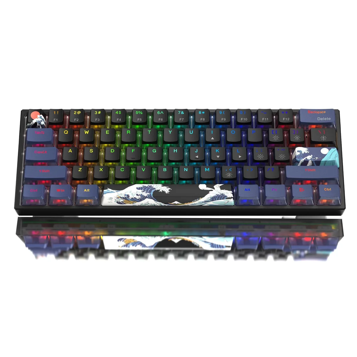 Compact black 60% mechanical keyboard with Kanagawa anime artwork and three sublimation keycaps