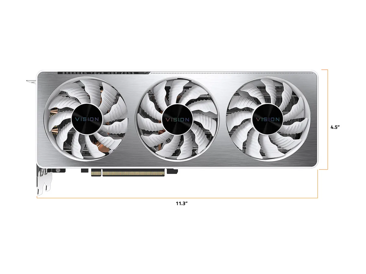 Silver dual-fan graphics card with metal backplate, 286 mm long