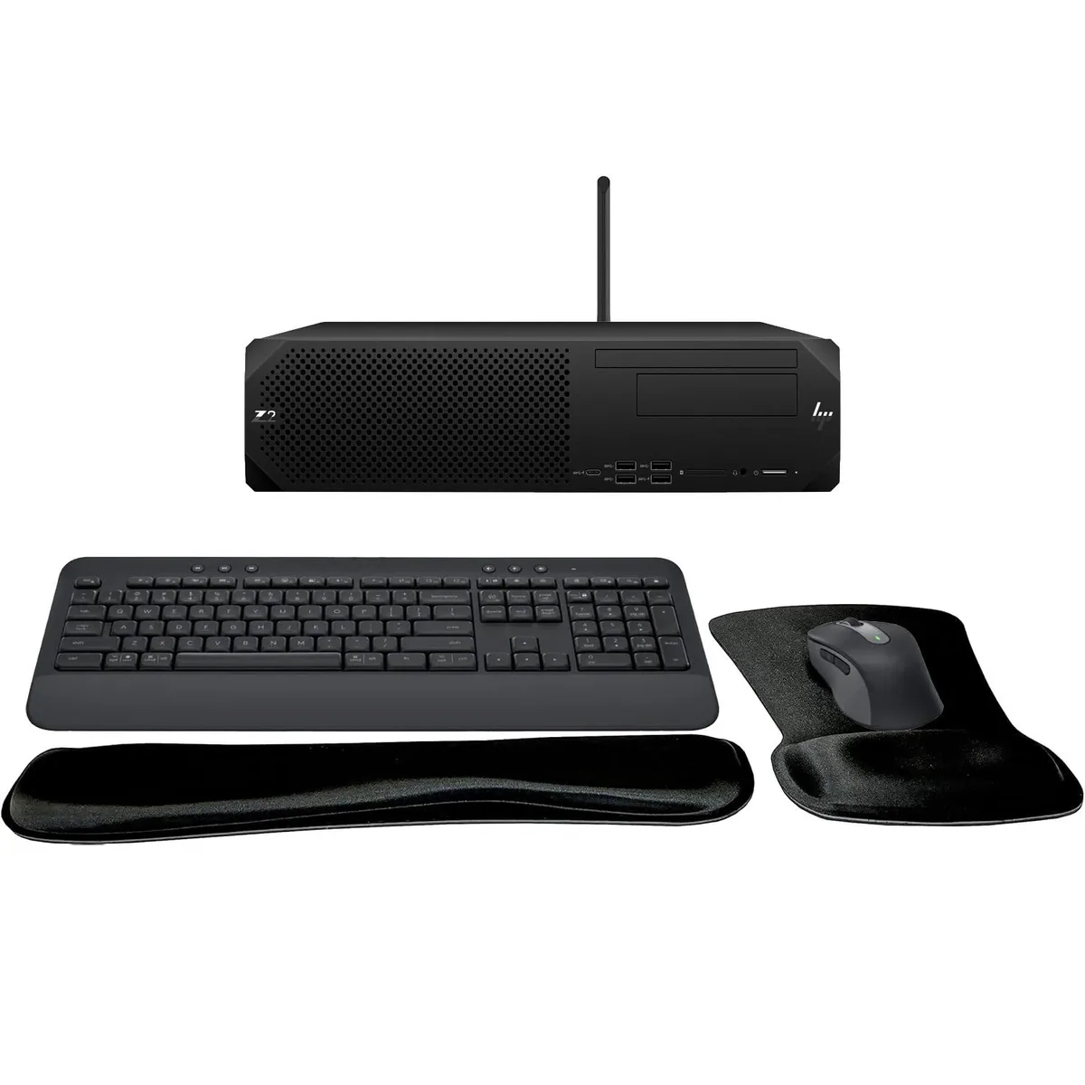 Compact silver small form factor desktop tower with wireless keyboard and mouse set