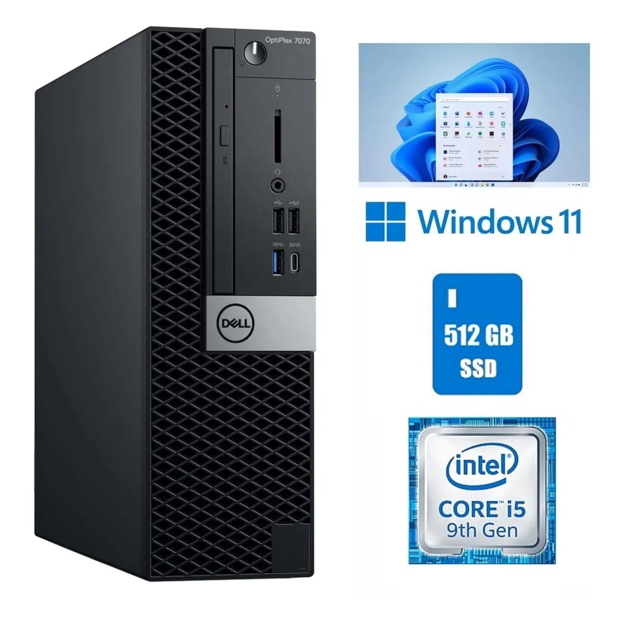 Black small-form-factor desktop tower with DVD drive and front ports
