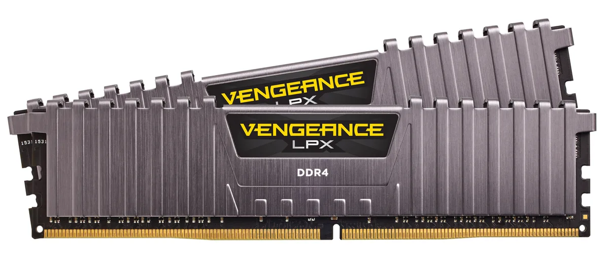 Two gray low-profile DDR4 modules with aluminum heatspreaders