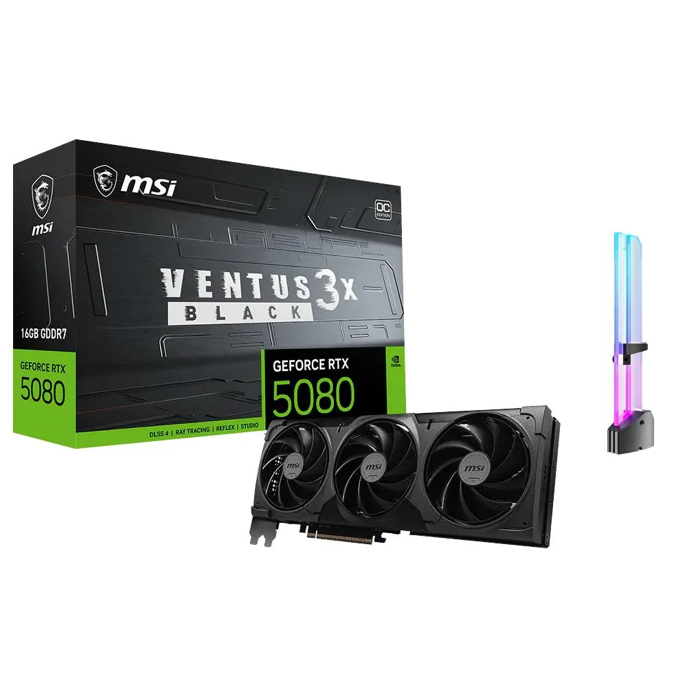 Black triple-fan graphics card with silver accents
