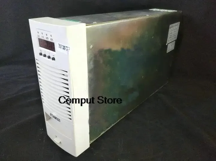 Rectangular silver power module with front label and connectors