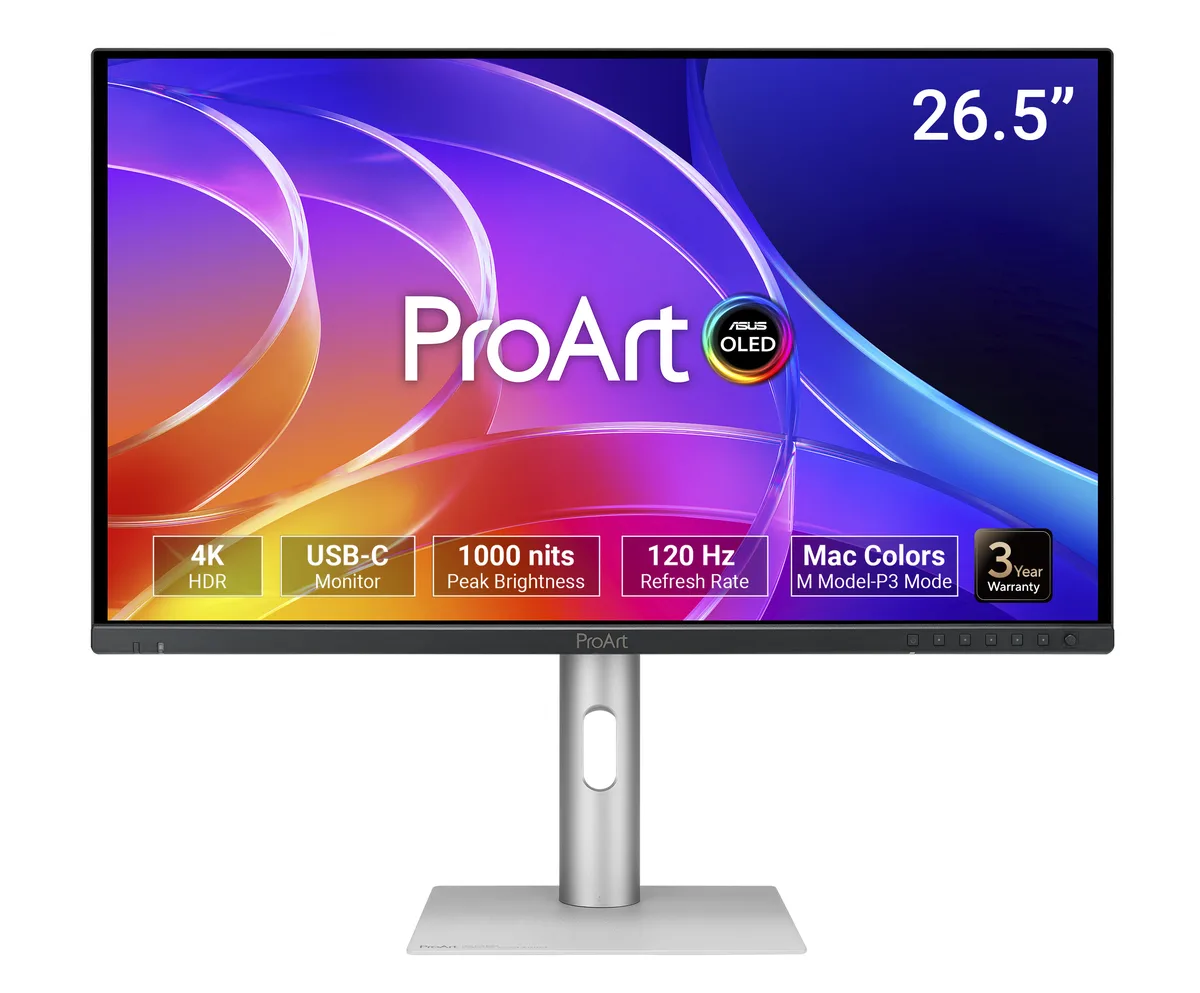 27 inch flat black QD OLED monitor on ergonomic stand