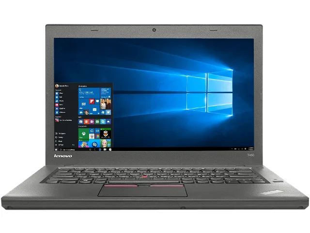 Black ThinkPad T450 laptop, 14 inch touchscreen, matte finish, open on desk