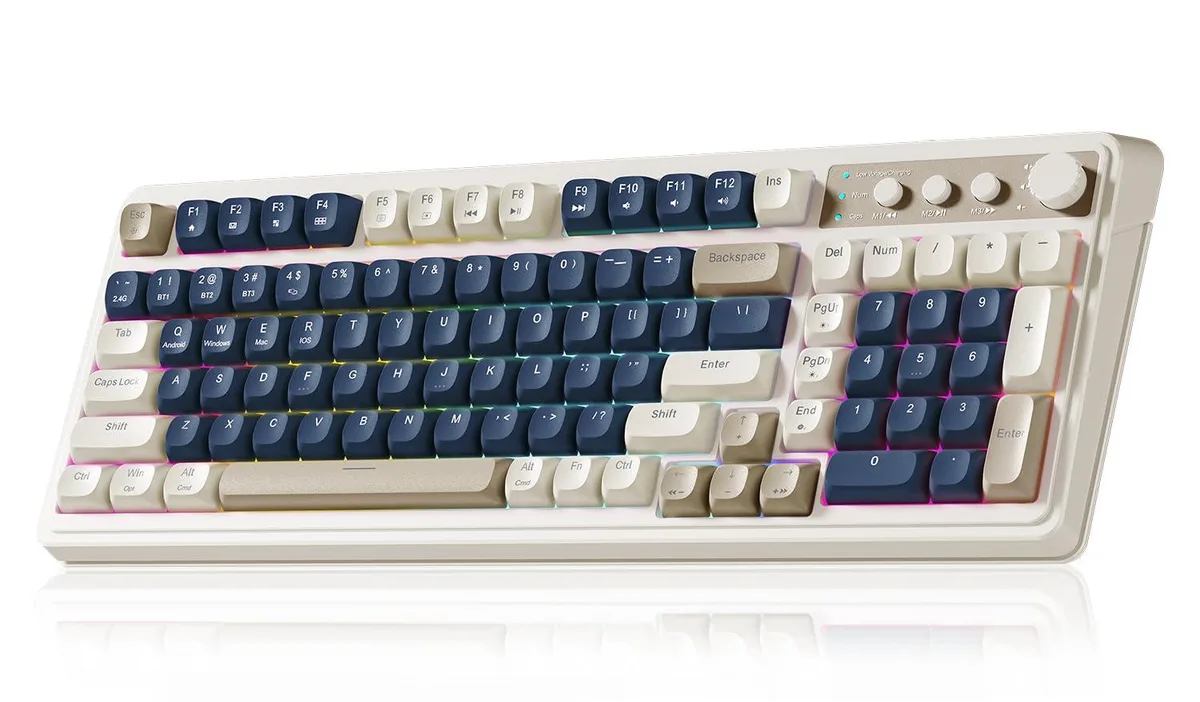 Blue-grey 99-key membrane keyboard with rotary knob and RGB lighting