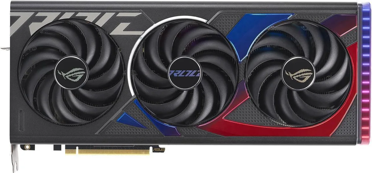 ASUS ROG Strix RTX 4070 SUPER triple-fan graphics card with diecast shroud and vented backplate
