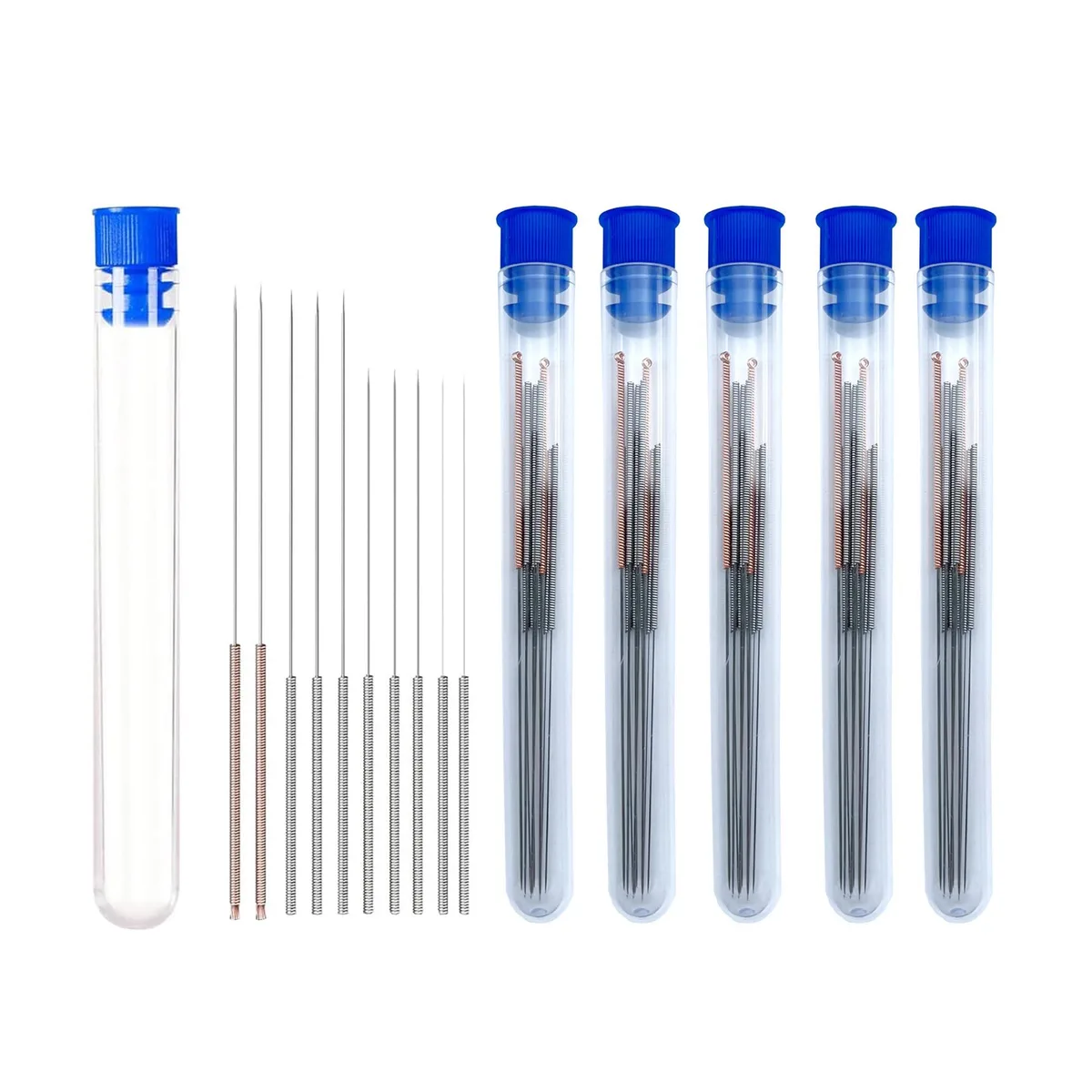 Set of 60 stainless steel cleaning needles in four sizes with blue-capped storage tube