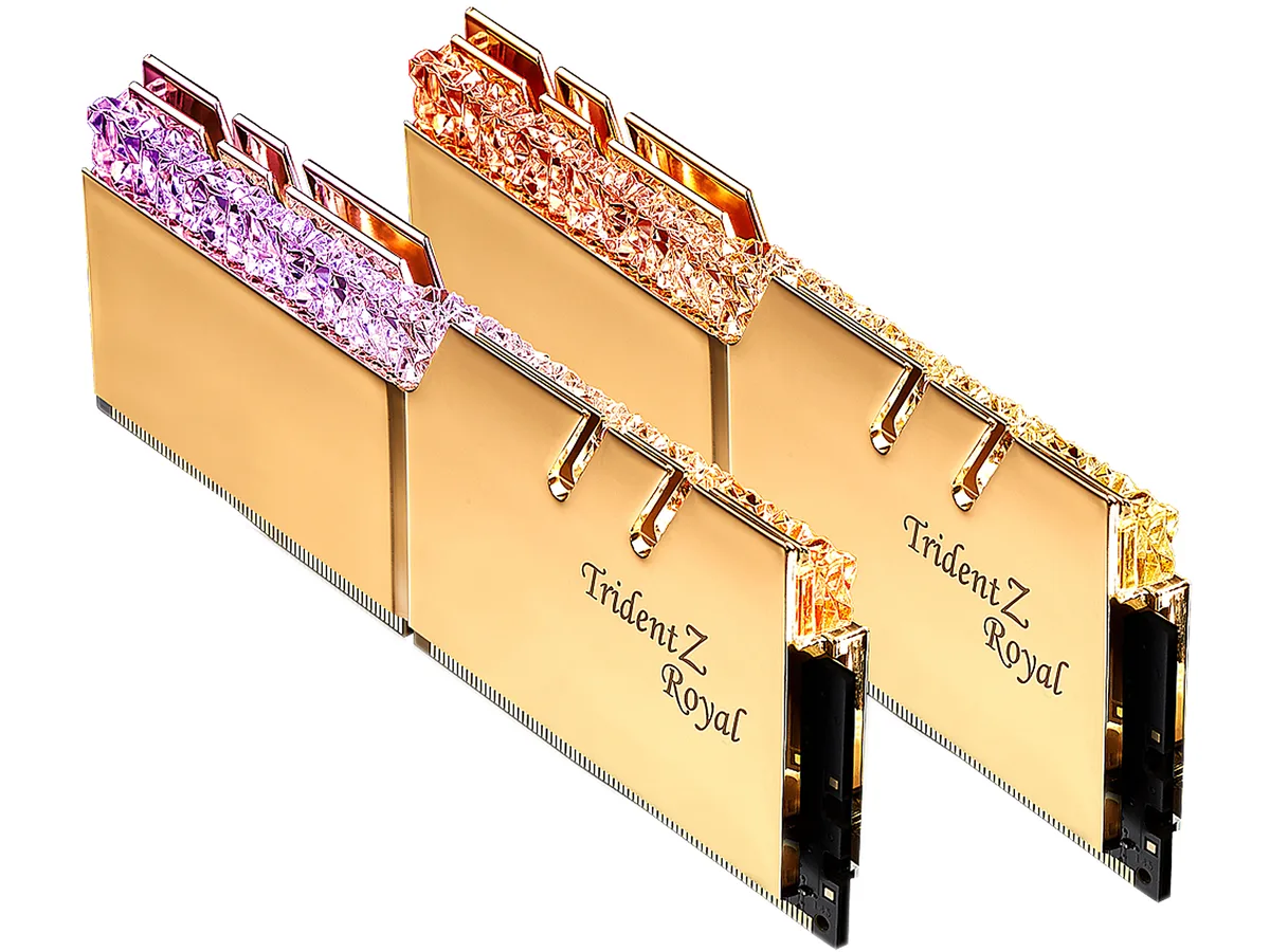 Two gold aluminium DDR4 sticks with crystalline RGB light bars
